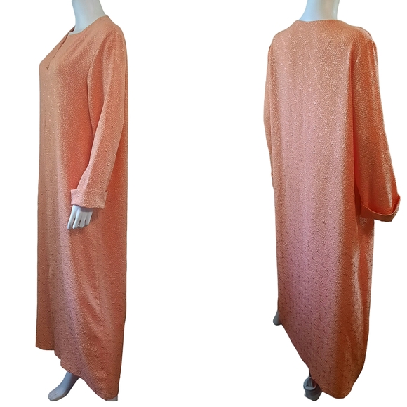 DIAMOND TEA Vintage Zip Front Jacquard Long Sleeve Maxi Caftan Dress Sz L Peach - Picture 4 of 9